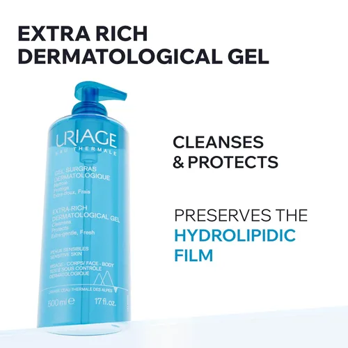 Vista 2 de Uriage Extra-rich Dermatological Face & Body Wash for Sensitive Skin, Preserves the Hydrolipidic Film of the Skin, Fresh Foaming Body Cleanser