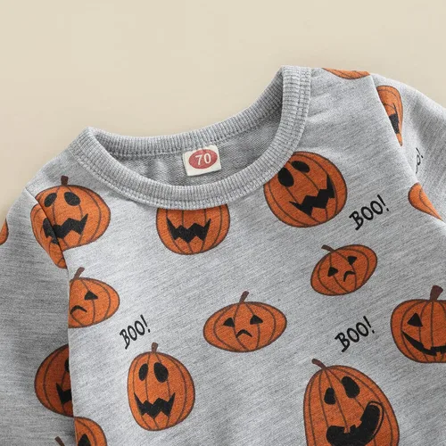 Vista 3 de Ynibbim Conjunto de ropa de Halloween para bebé, niño y niña, camisa y pantalones de calabaza para recién nacidos, sudadera de manga larga