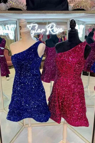 Vista 4 de Vestidos cortos de lentejuelas para fiesta de exalumnos, vestidos cortos brillantes de un hombro para adolescentes, vestido de baile acampanado