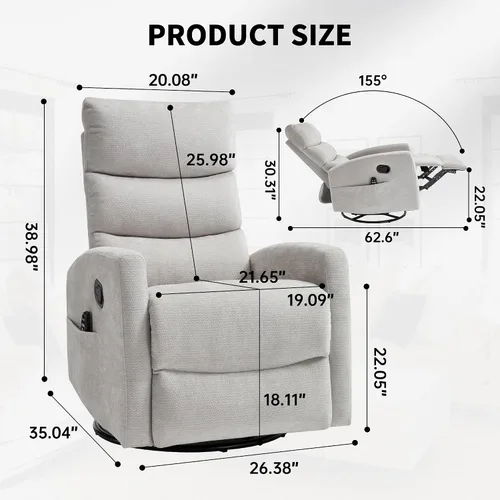 Vista 2 de Silla reclinable giratoria de 360° con masaje y calor, respaldo alto con relleno, silla mecedora tapizada para cuarto de bebé, sala de estar