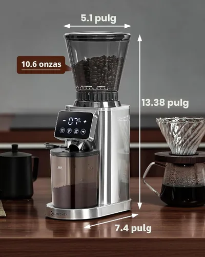 Vista 7 de AMZCHEF Molinillo de Café, Molinillo de Granos de Café con Rebaba para Uso Doméstico con 48 Configuraciones de Molienda Precisas, Embudo Desmontable