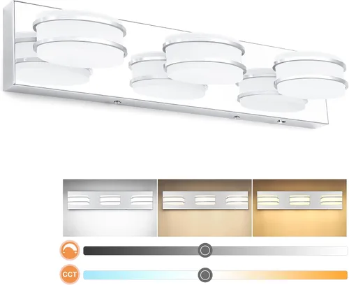 Vista 21 de 3 lámparas de baño regulables de temperatura de color para sobre espejo, lámparas de tocador LED cromadas de 3 luces, lámparas de tocador de baño