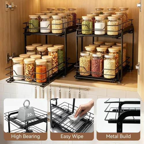 Vista 6 de Organizador de especias para cocina, estantes de especias extraíbles para armarios interiores, organización de estante de especias de 2 niveles