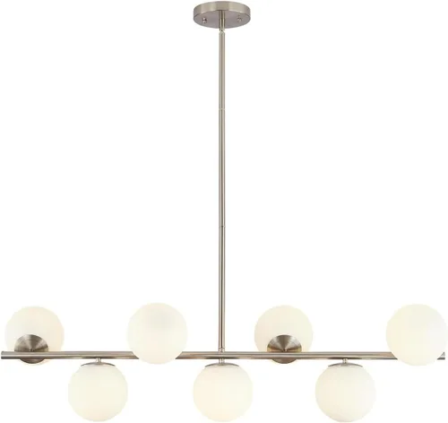 Vista 15 de KCO Iluminación Moderna Candelabro Colgante Lineal de Latón con 7 Luces de Cristal Dorado y Blanco, Iluminación Colgante Globo de Mediados de Siglo