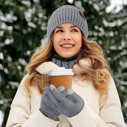 Vista 5 de Conjunto de gorro, bufanda, guantes para pantalla táctil, para mujer, con forro polar cálido, gorro de calavera, calentador de cuello, regalos