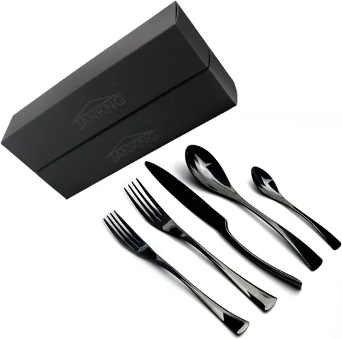 Vista 8 de Juego de cubiertos de acero inoxidable 18/10, cubiertos negros de lujo, servicio de cena, tenedor de postre, cuchara de té, cuchillo, para el hogar