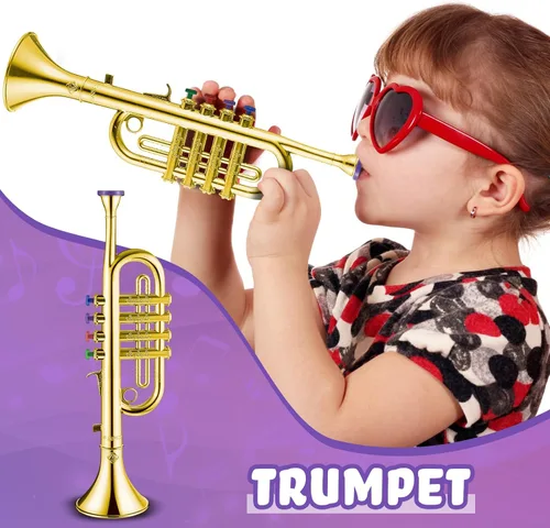 Vista 3 de Lewtemi Juego de 2 instrumentos musicales que incluyen trompeta de juguete y saxofón, trompeta de plástico, juguete educativo de Navidad, regalo
