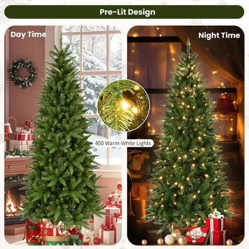 Vista 3 de Liguanow Árbol de Navidad artificial preiluminado de 7 pies con 400 luces LED blancas cálidas, árbol de Navidad delgado realista con bisagras y Azul
