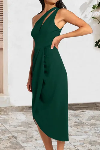 Vista 9 de PRETTYGARDEN Vestido midi de cóctel para mujer, con un hombro descubierto, fruncido, con abertura, para fiesta, cóctel