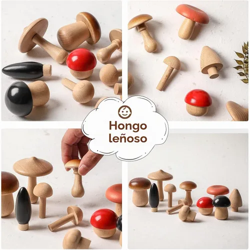Vista 6 de Juguetes de madera con forma de hongos, bloques de madera Montessori, apilables, juguetes para niños pequeños, 11 piezas, hongos en miniatura 12