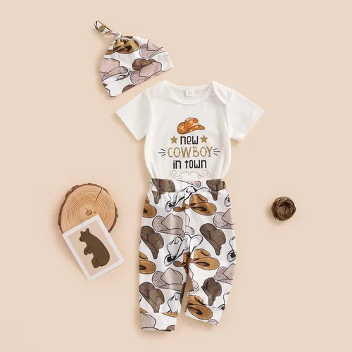 Vista 3 de SAYOO Western Newborn Baby Boys Cowboy Outfit Cow Print Letter Bodysuit Long Leggings Cap 3pcs Infant Boy Country Clothes