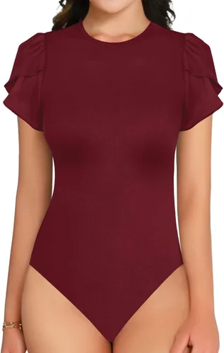 Vista 2 de MANGOPOP Body de manga corta para mujer, cuello redondo, blusas para salir