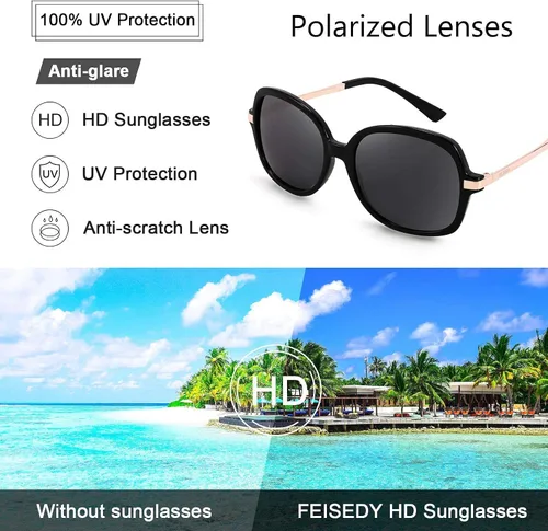 Vista 7 de FEISEDY Gafas de sol polarizadas elegantes clásicas para mujer, gafas de sol cuadradas anchas B2683