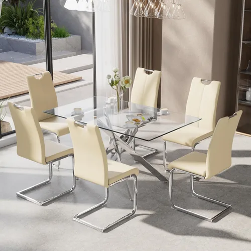 Vista 11 de Juego de mesa de comedor de 5 piezas para 4, mesa rectangular moderna de cristal con 4 sillas tapizadas de cuero, juegos de mesa y sillas de comedor