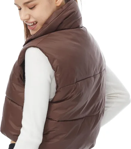 Vista 3 de Chaleco acolchado de invierno para mujer, cuello alto, ligero, sin mangas, chaleco acolchado
