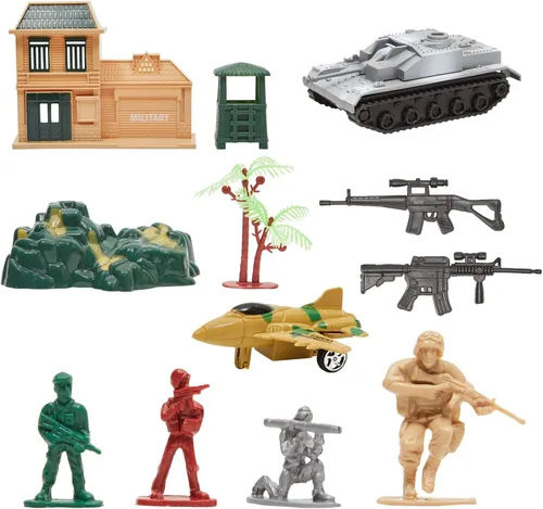 Vista 4 de BLUE PANDA Juego de 300 figuras de acción del ejército con bolsa con cremallera, soldados de plástico rojo, plateado, bronceado y verde con tanques
