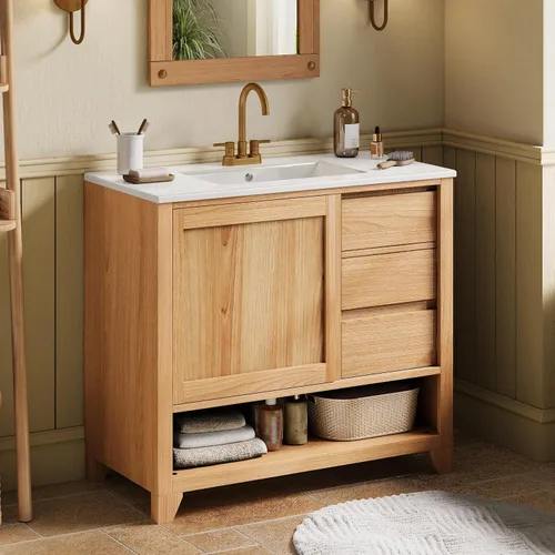 Vista 24 de Harper & Bright Designs Tocador de baño de 24 pulgadas con lavabo, juego de tocador independiente con 4 cajones, estantes de almacenamiento y Negro