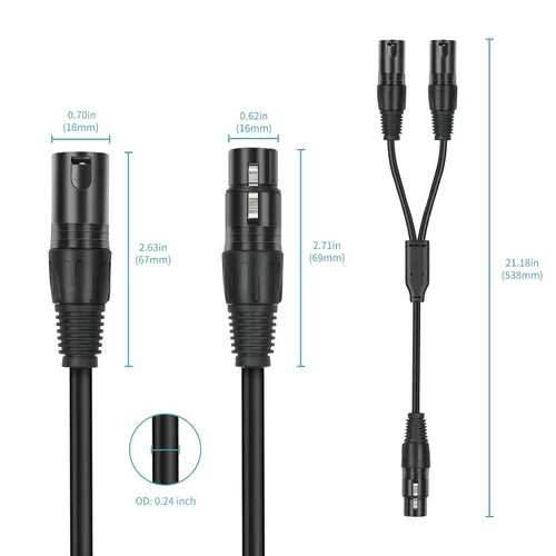 Vista 3 de Paquete de 2 divisores XLR Y, 1.5 pies XLR hembra a doble macho, cables de audio de micrófono equilibrados para micrófono estéreo a audio L & R