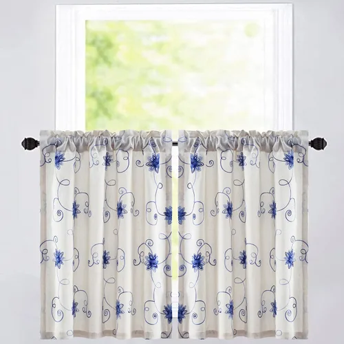 Vista 26 de VOGOL Cortinas de Nivel para Cocina para Ventana, Flores Azules y Enredaderas Bordadas Cortina de 24 Pulgadas de Largo, Cortinas Cortas Tratamiento