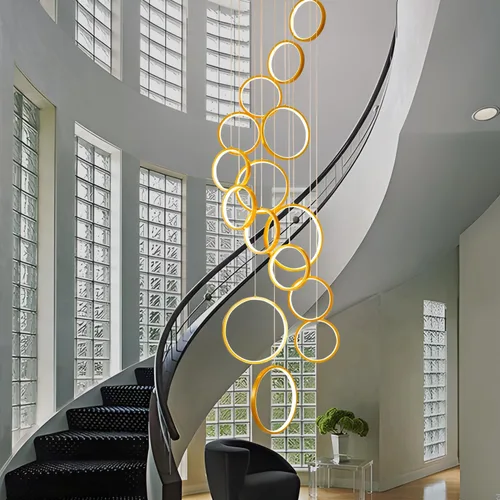Vista 10 de Candelabro moderno para entrada para techos altos, lámpara moderna regulable dorada para escalera, de lujo, techo alto, lámpara colgante LED
