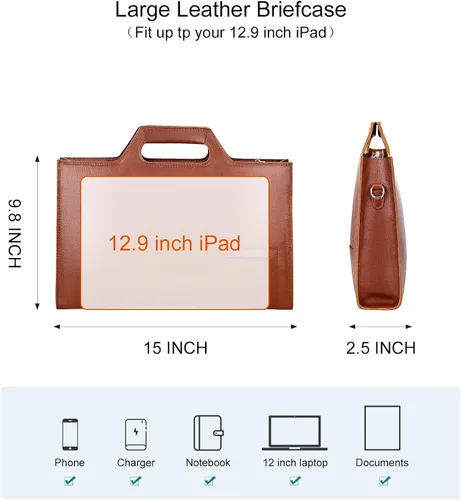 Vista 5 de PIJUSHI Maletín de piel auténtica para hombres y mujeres, bolso delgado para laptop para negocios