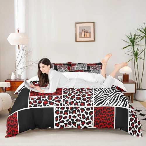 Vista 21 de Juego de funda de edredón con estampado de leopardo, tamaño individual, juego de ropa de cama rústica con rayas de piel de cebra, decoración
