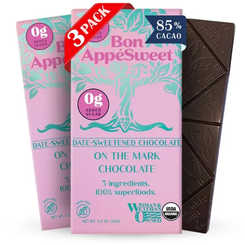 Vista 26 de Bon AppéSweet Barra de Chocolate Endulzada con Dátiles - Mejor que el Chocolate con Leche 2.2 Onzas (Pack de 3) Orgánico, Sin Azúcar Añadida