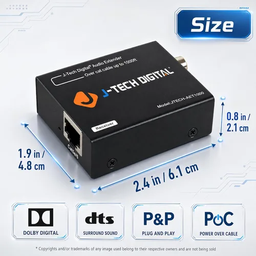 Vista 2 de J-Tech Digital Convertidor extensor de audio digital para audio óptico/coaxial a través de un solo cable Cat5e/6 (PoC) hasta 990' (984.3 ft)