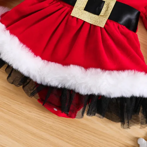 Vista 6 de WASAIGOOD Mameluco de Navidad para bebé niña, vestido de manga larga con ribete de piel, traje de terciopelo para Navidad, enterizo de invierno