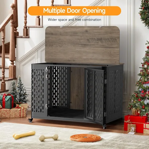 Vista 3 de ONBRILL Mueble resistente para perros grandes y medianos, jaula grande para perros con tapa abatible, cojín y ruedas, jaula para mascotas a prueba