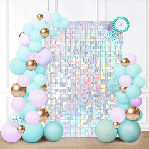 Vista 11 de 12 paneles cuadrados de lentejuelas brillantes para pared color azul claro (Baby Blue) telón de fondo decorativo para fiestas de bodas