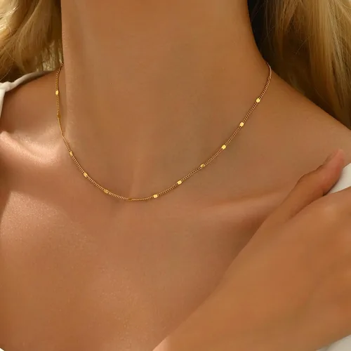 Vista 4 de Delicado collar de cadena para mujer, chapado en oro de 18 quilates, gargantilla de disco de moneda, collar simple de cadena trenzada con cuentas