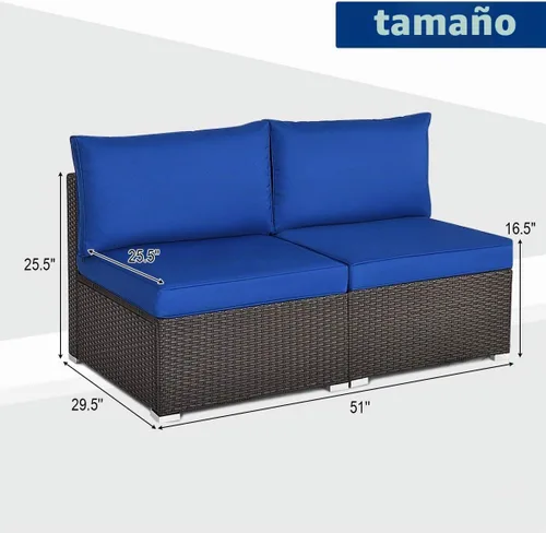 Vista 5 de Tangkula Juego de 2 sofás de mimbre para exteriores, sin brazos, juego de sofá modular de ratán para patio con 2 cojines de asiento gruesos y 2