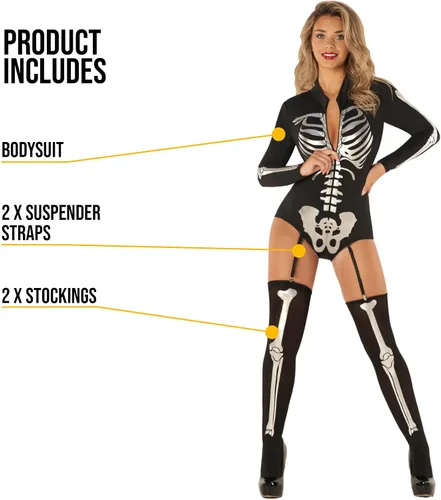 Vista 2 de Morph Disfraces para mujer, body de esqueleto para mujer, disfraz de Halloween, disfraz de esqueleto para mujer