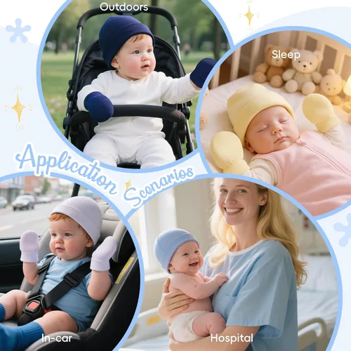 Vista 6 de Zando Gorros y manoplas unisex para bebés, gorro de hospital para recién nacidos, con guantes antiarañazos, conjunto para bebés y niños