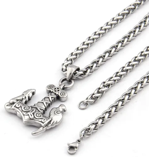 Vista 3 de Bavipower Raven vikingo Odin Thor Hammer Mjolnir colgante de acero inoxidable nórdico pagano joyería potente amuleto de protección para hombres