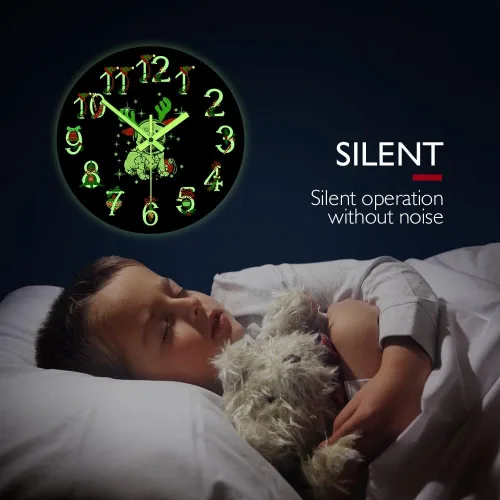 Vista 5 de The Geeky Days Reloj que brilla en la oscuridad, adorno de Navidad Pug funciona con pilas, reloj de pared luminoso de cuarzo silencioso con diseño