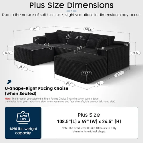 Vista 2 de Sofá modular negro de 108 pulgadas con otomana, sofá en forma de U en forma de nube para sala de estar, no necesita montaje, tela de pana de felpa