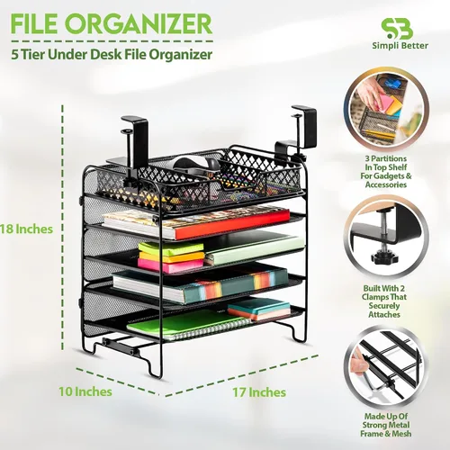 Vista 2 de Organizador de archivos de 5 niveles debajo del escritorio, organizador de archivos colgante con abrazadera, diseño de ahorro de espacio