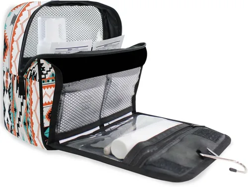 Vista 8 de Bolsa de aseo étnica azteca colgante, bolsa de cosméticos de viaje geométrica, bolsa organizadora de maquillaje, bolsa de lavado portátil con gancho