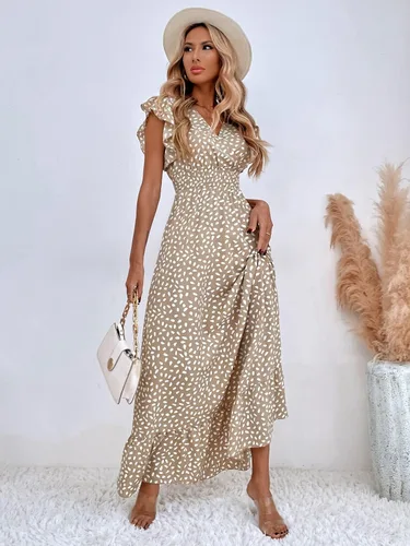 Vista 3 de SheIn Vestido largo con volantes fruncidos para mujer, manga casquillo, cuello en V