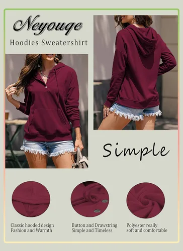 Vista 12 de NEYOUQE Sudaderas de moda para mujer, para otoño e invierno, con botones de un cuarto, sudaderas casuales de moda con cuello redondo