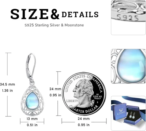 Vista 63 de Aretes colgantes de plata de ley con diseño de árbol de la vida, flor, abeja, animales, gato, colibrí, piedra lunar, turquesa, aretes con cierre
