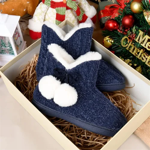 Vista 2 de DL Pantuflas de mujer cálidas para el hogar, esponjosas y lindas para el invierno, cómodas botas de espuma viscoelástica de punto trenzado, botas