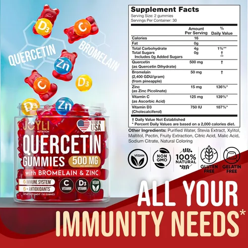 Vista 3 de JOYLI - Gomitas de quercetina – Quercetina con bromelina zinc vitamina C y vitamina D3 – Suplemento de quercetina de 500 mg para el sistema