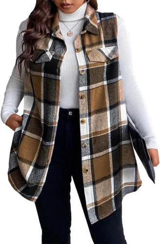 Vista 5 de Mina self Chaleco a cuadros para mujer, largo a la moda, casual, sin mangas, con botones y parte delantera abierta, con bolsillos