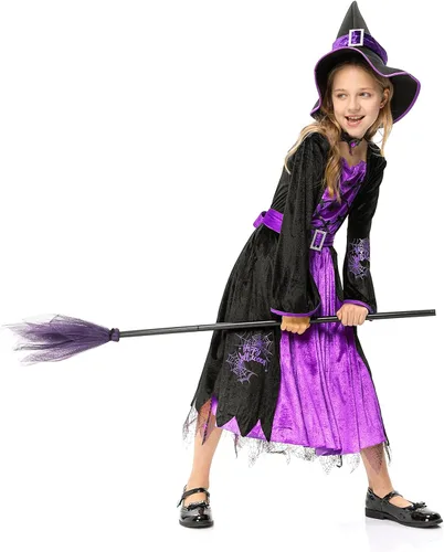 Vista 4 de Disfraz de bruja para niñas juego de bruja de cuento de hadas de Halloween vestido de bruja de Halloween