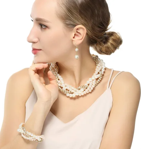 Vista 2 de S SUSANN Juego de collar de perlas de imitación, collar de perlas de imitación y aretes, buen regalo para mujeres
