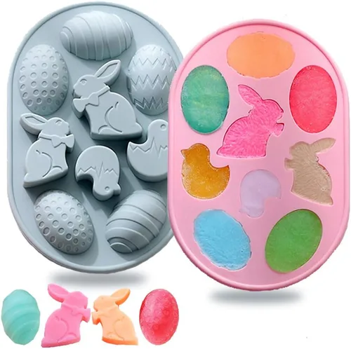 Vista 9 de Paquete de 2 moldes de chocolate para gomitas de Pascua, 18 cavidades, huevo, conejo, dulces, bandeja para hornear pastel de chocolate, postre