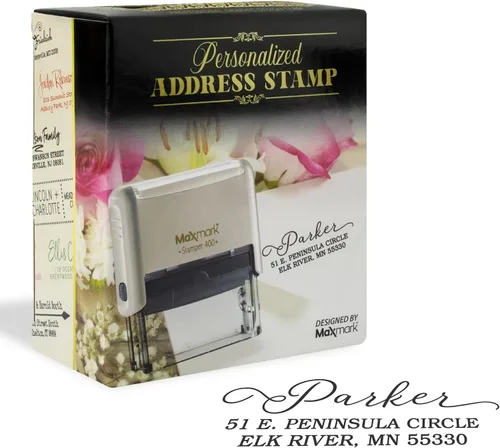 Vista 17 de Sello autoentintado con dirección de retorno, regalo perfecto para las fiestas en una elegante caja de regalo. Elige entre 15 colores de tinta
